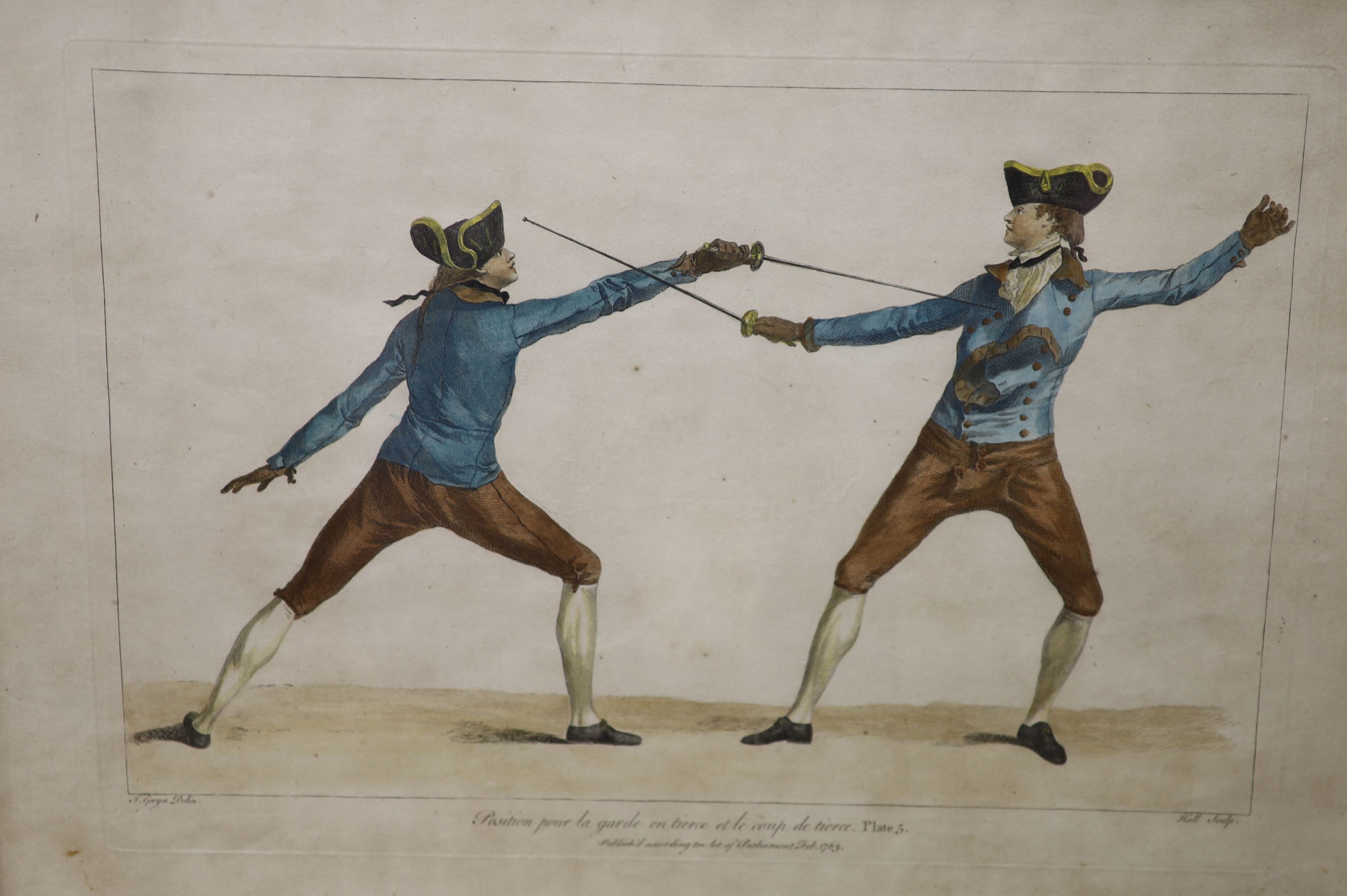 After J. Gruya, three coloured engravings, Fencing Positions, Plates 5, 9 and 40, 42 x 46cm, maple framed